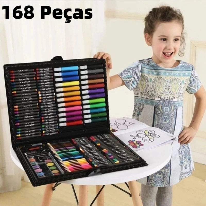 Compre Já Brasil indica KIT Estojo Maleta Pintura Infantil com 68/86/150/168 Peças Paleta Canetinha Giz Lápis Cores Variadas Desenhos Colorir