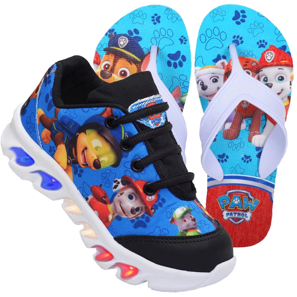 Compre Já Brasil indica Tênis Infantil Patrulha Canina Com Led Que Pisca + Chinelo Promoção