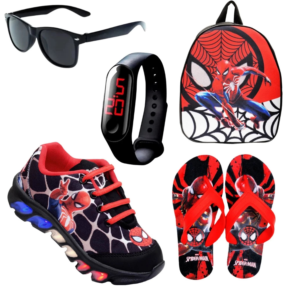 A Compre Já Brasil indica kit tenis de led homem aranha+chinelo+relogio+mochila+oculos