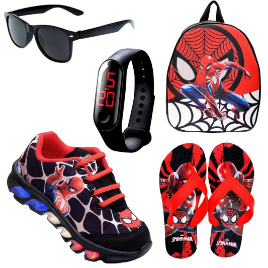A Compre Já Brasil indica kit tenis de led homem aranha+chinelo+relogio+mochila+oculos