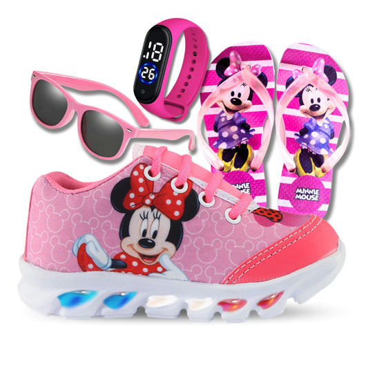 Tênis de Led Infantil Feminino Minnie Mais Chinelo com Relógio e Oculos