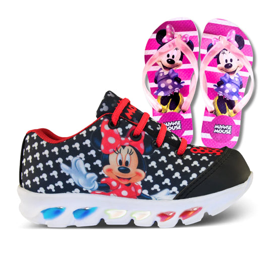Compre Já Brasil indica Kit Tênis Infantil De Led Meninas MINNIE PRETO Novo + Chinelo MINNIE Barato Macio Confortável Brilha Luzinha