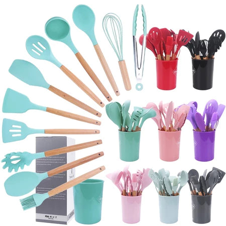 Compre Já Brasil indica Kit 5/12 Jogo de Cozinha Silicone, Utensílios Suporte para Cozinheiro Cabo de Madeira MasterChef