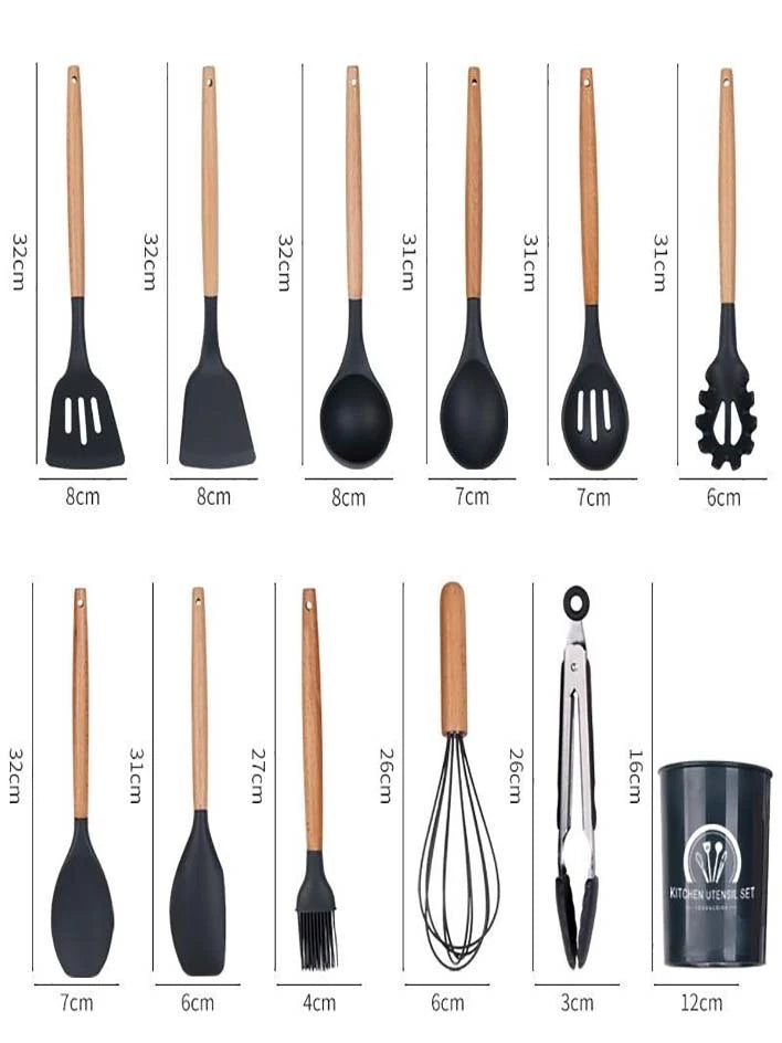 Compre Já Brasil indica Kit 5/12 Jogo de Cozinha Silicone, Utensílios Suporte para Cozinheiro Cabo de Madeira MasterChef
