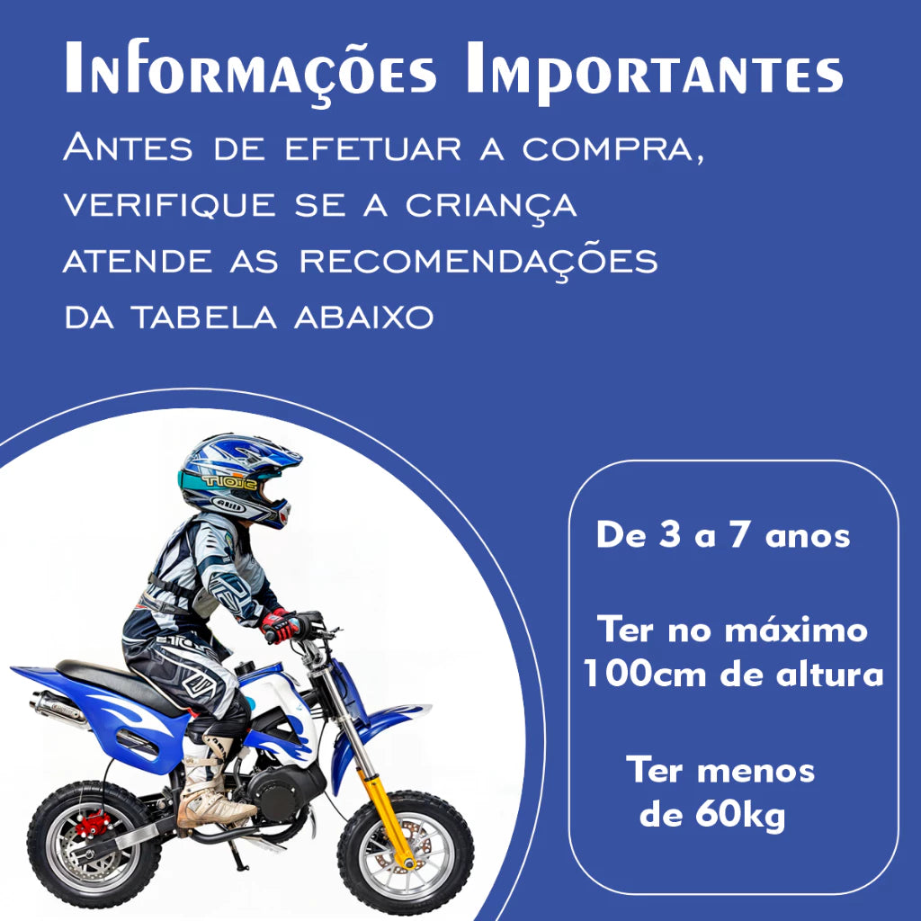 Compre Já Brasil Indica Motinha Cross Motor 2 Tempos a Gasolina 49cc para Criança 3 a 7 anos Freio a Disco