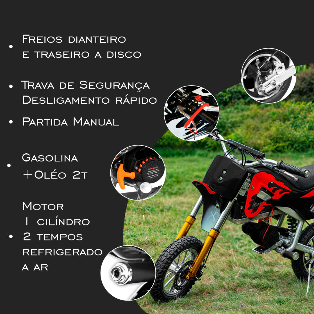 Compre Já Brasil Indica Motinha Cross Motor 2 Tempos a Gasolina 49cc para Criança 3 a 7 anos Freio a Disco