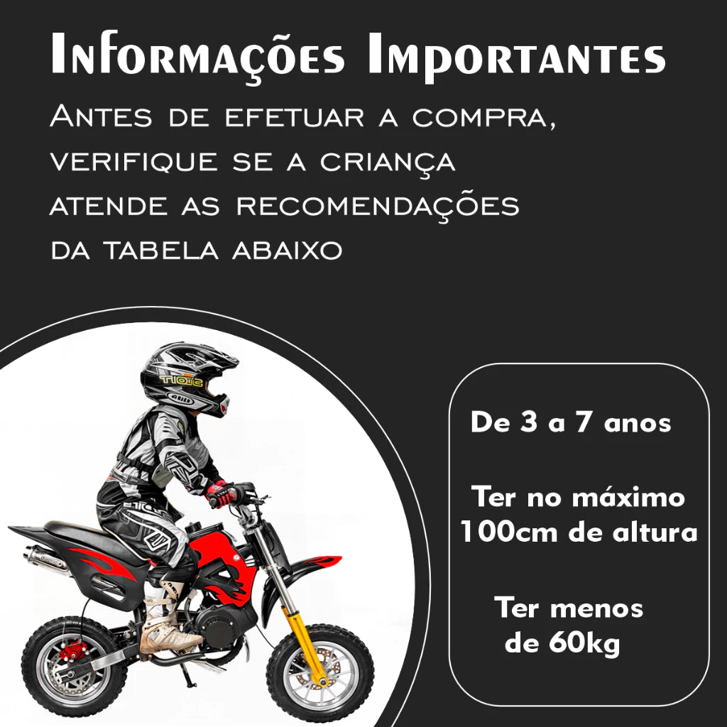 Compre Já Brasil Indica Motinha Cross Motor 2 Tempos a Gasolina 49cc para Criança 3 a 7 anos Freio a Disco
