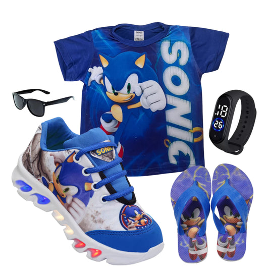 Compre Já Brasil indica Kit tênis de LED infantil Sonic masculino mais chinelo mais camisa mais relogio e oculos